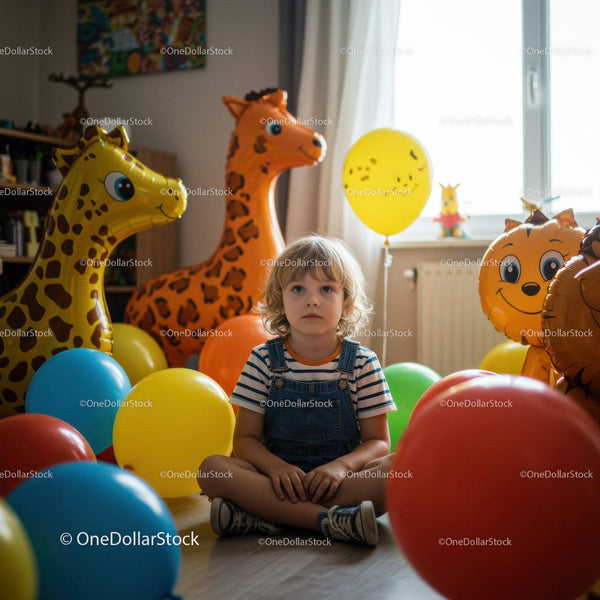 Zamyślone dziecko siedzące wśród kolorowych balonów i dmuchańców