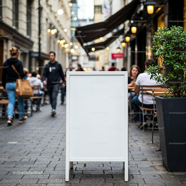 Empty White Sidewalk Sign in Vibrant Urban Cafe Street JPG Mockup Image