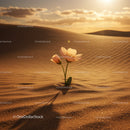 Delicate flowers blooming alone in golden desert sand
