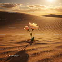 Delicate flowers blooming alone in golden desert sand