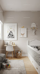 Cute Children's Bedroom with Wall Art and Plush Toys in Modern Nursery