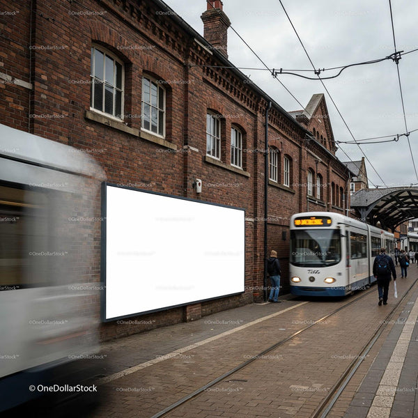 Urban tram stop with blank billboard on brick wall JPG Mockup Image