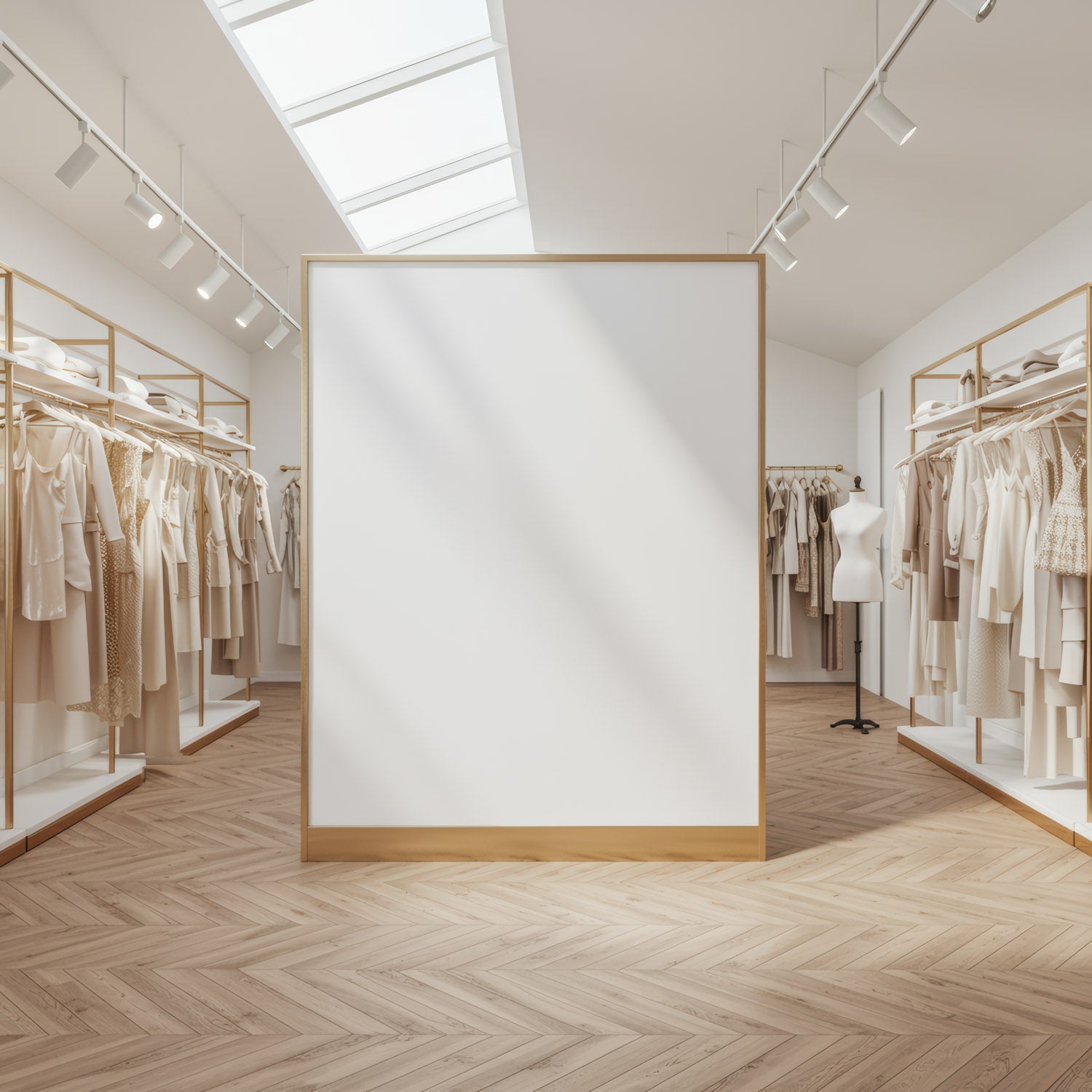 Minimalist boutique interior with neutral tone fashion