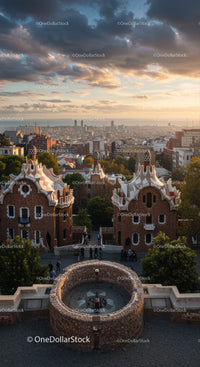 Iconic Gaudi Park Guell with City Skyline and Sunset Sky