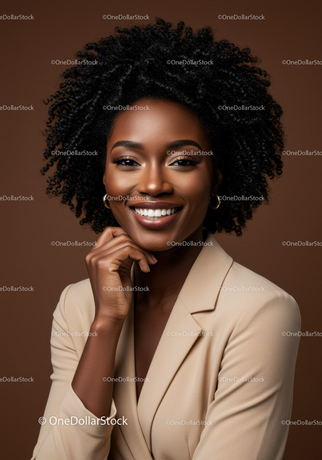 Elegant African American Woman in Beige Blazer with Curly Hair