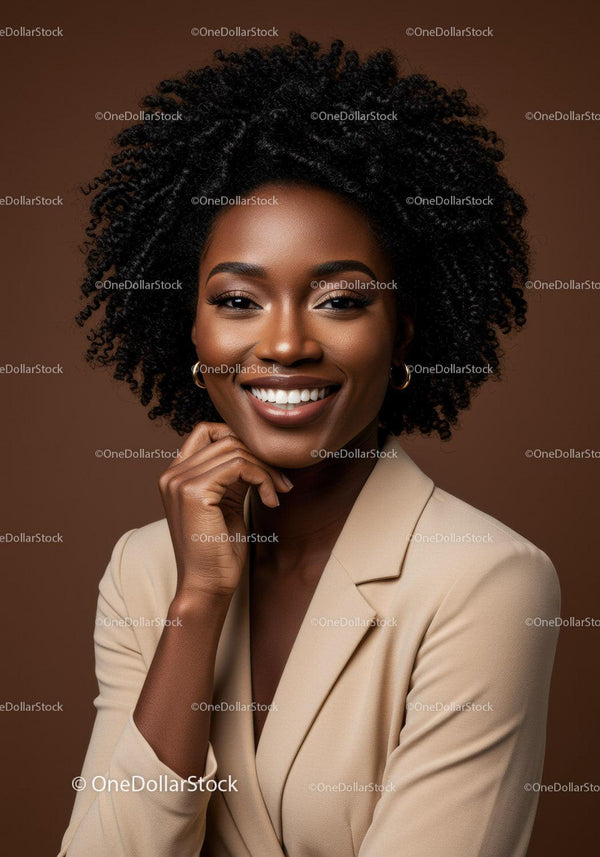 Elegant African American Woman in Beige Blazer with Curly Hair