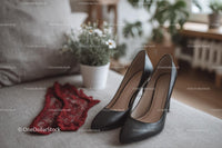 Chic Black Heels and a Red Lace Dress in a Cozy Bedroom Setting