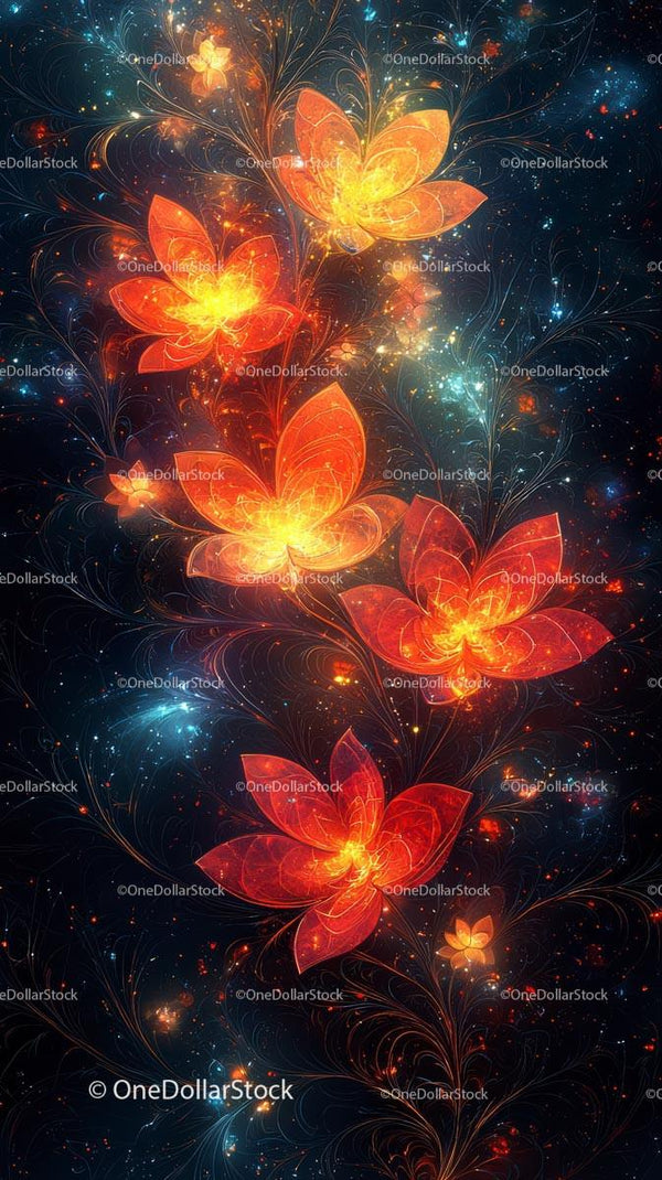 Vibrant Cosmic Flowers with Glowing Petals in Space