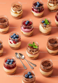 Assorted layered desserts in jars with fresh berries