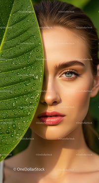 Close-up Portrait of Woman with Tropical Leaf and Water Droplets