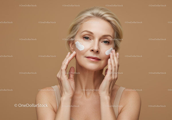 Elegant Mature Woman Applying Facial Cream for Skin Care