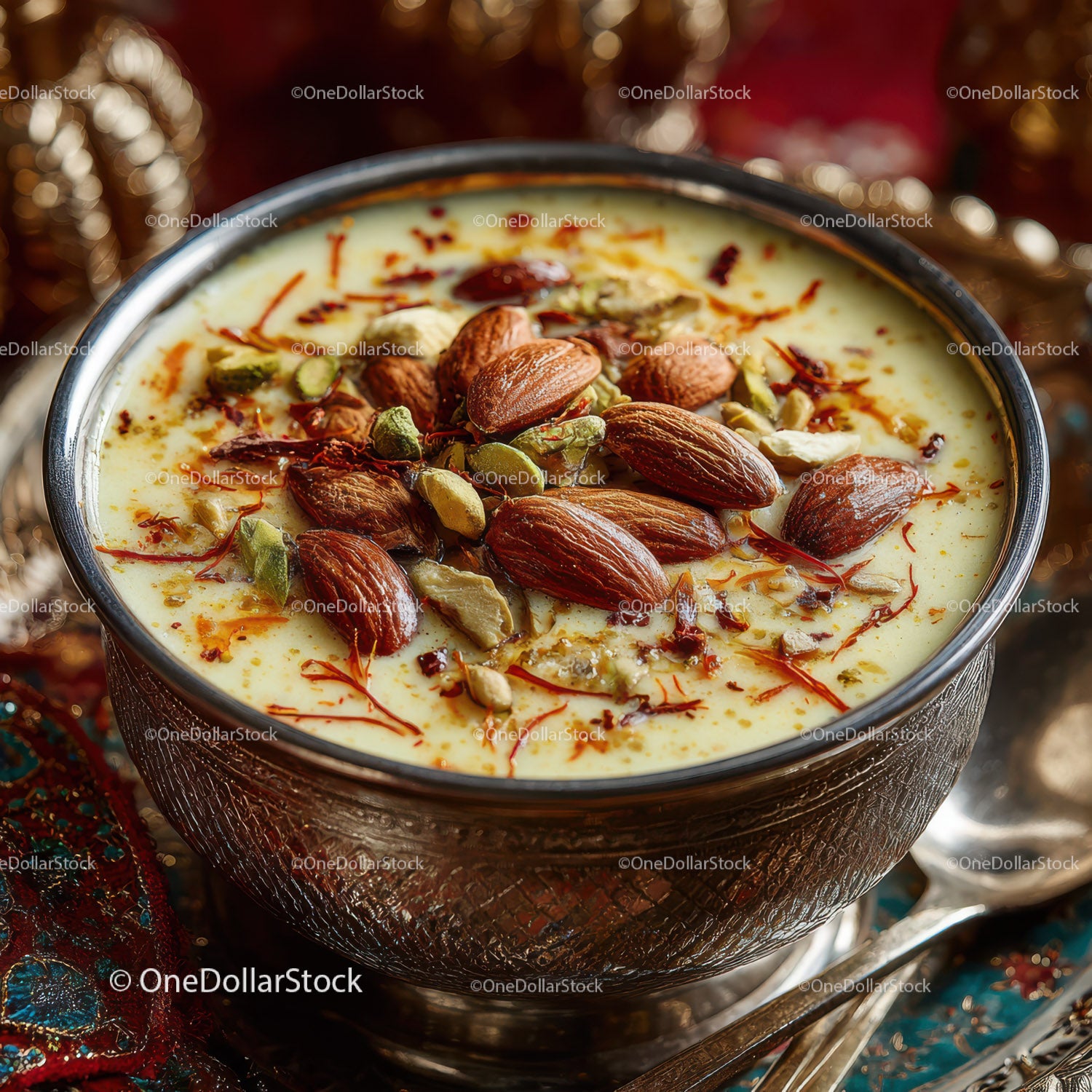 Saffron and Nut Garnished Milk-Based Indian Dessert in Silver Bowl