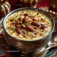 Saffron and Nut Garnished Milk-Based Indian Dessert in Silver Bowl