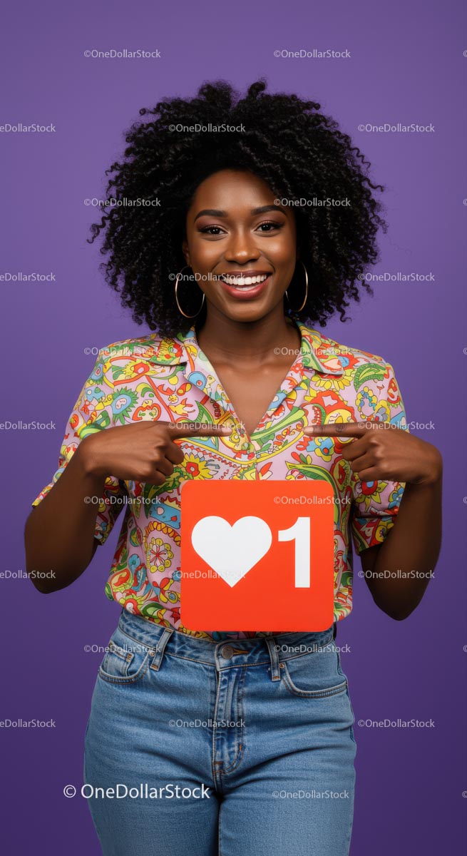 Happy Young Woman Holding Social Media Love Icon Sign