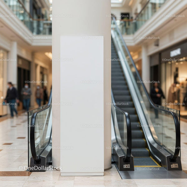 Blank vertical billboard near escalator in shopping mall JPG Mockup Image