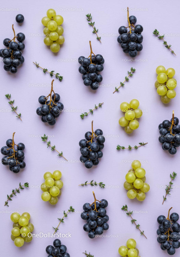 Green and Black Grapes with Fresh Herb Sprigs on Lilac