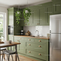 Modern Green Kitchen with Wooden Countertop and Hanging Plants