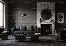 Modern dark living room with marble fireplace and elegant decor