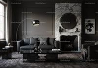 Modern dark living room with marble fireplace and elegant decor