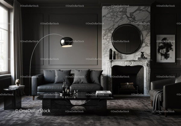 Modern dark living room with marble fireplace and elegant decor