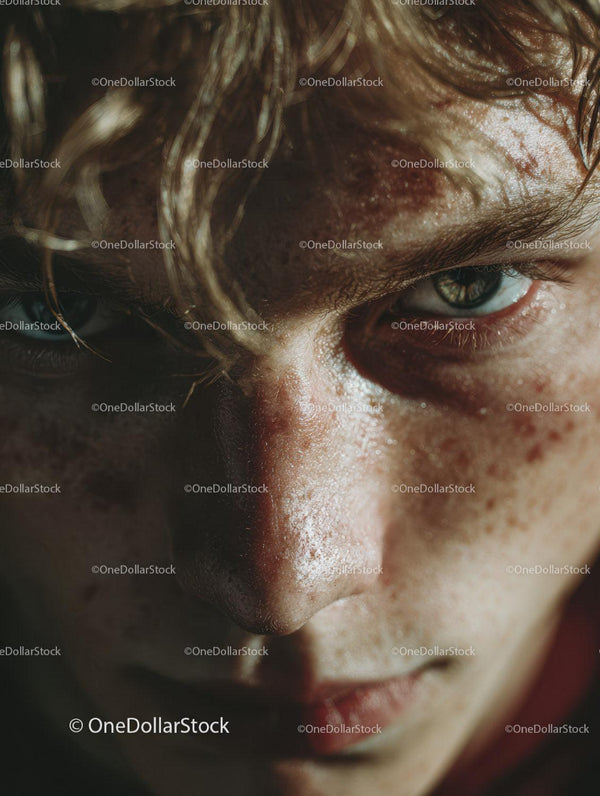 Close-up of a Man with Intense Green Eyes and Freckles