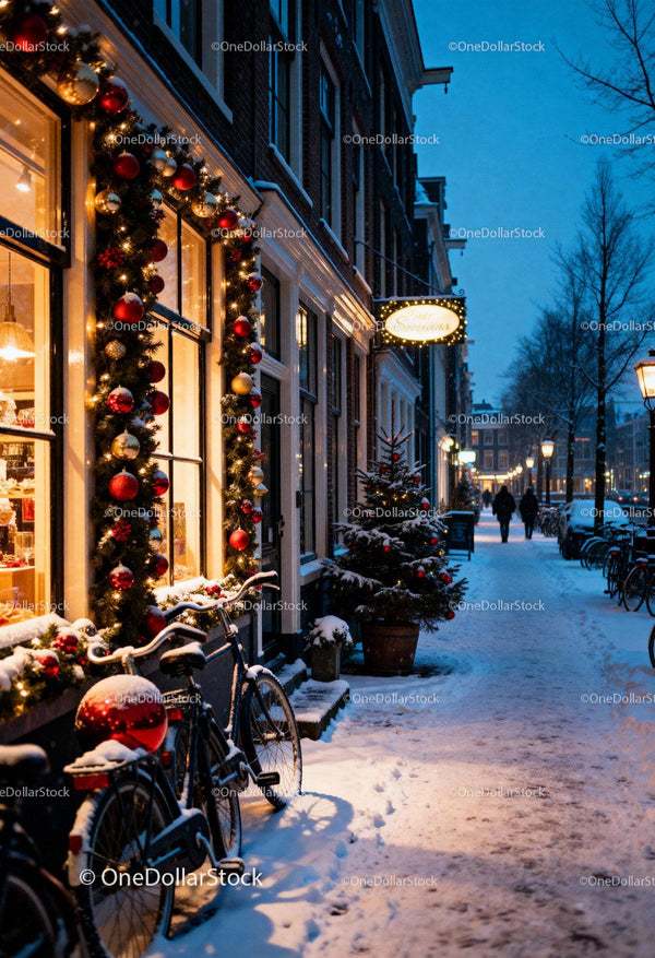 Cozy winter street decorated with Christmas lights