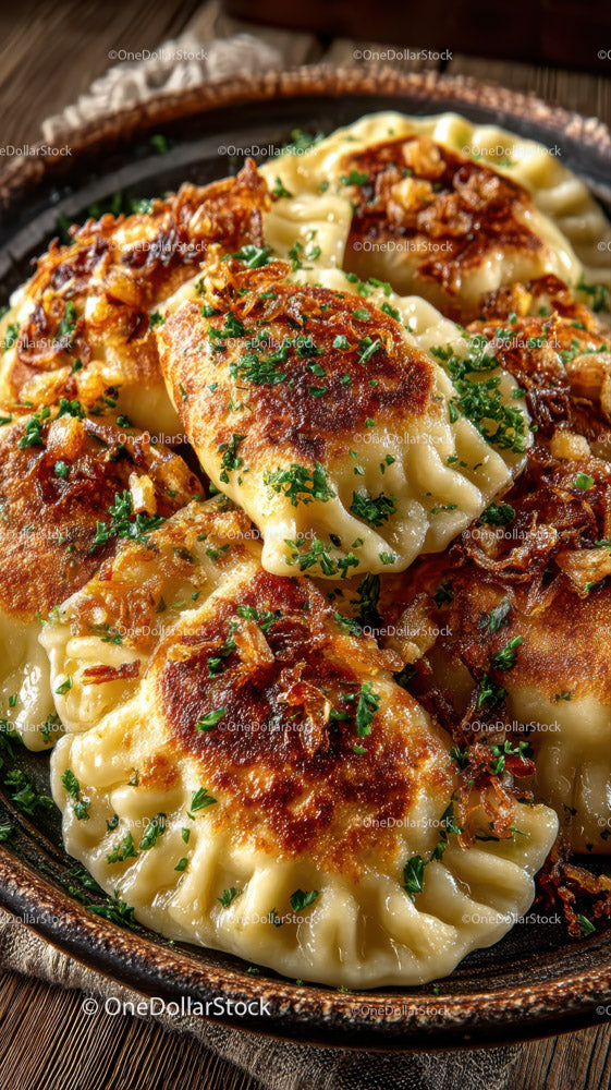 Pan-fried Chinese Dumplings with Crispy Edges and Fresh Herbs