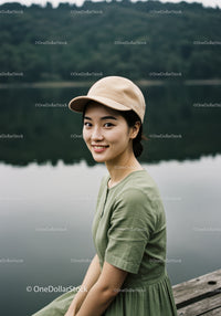 Young Woman in Green Dress Wearing Beige Cap Near Lake Landscape