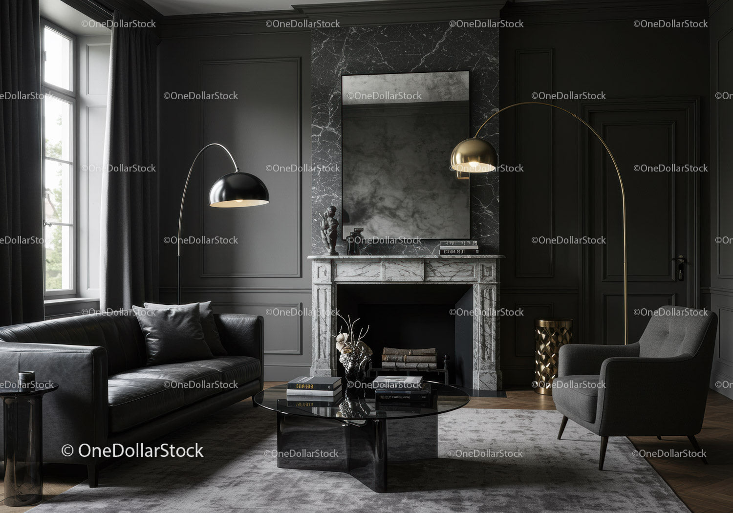 Modern Living Room with Marble Fireplace and Ambient Lighting