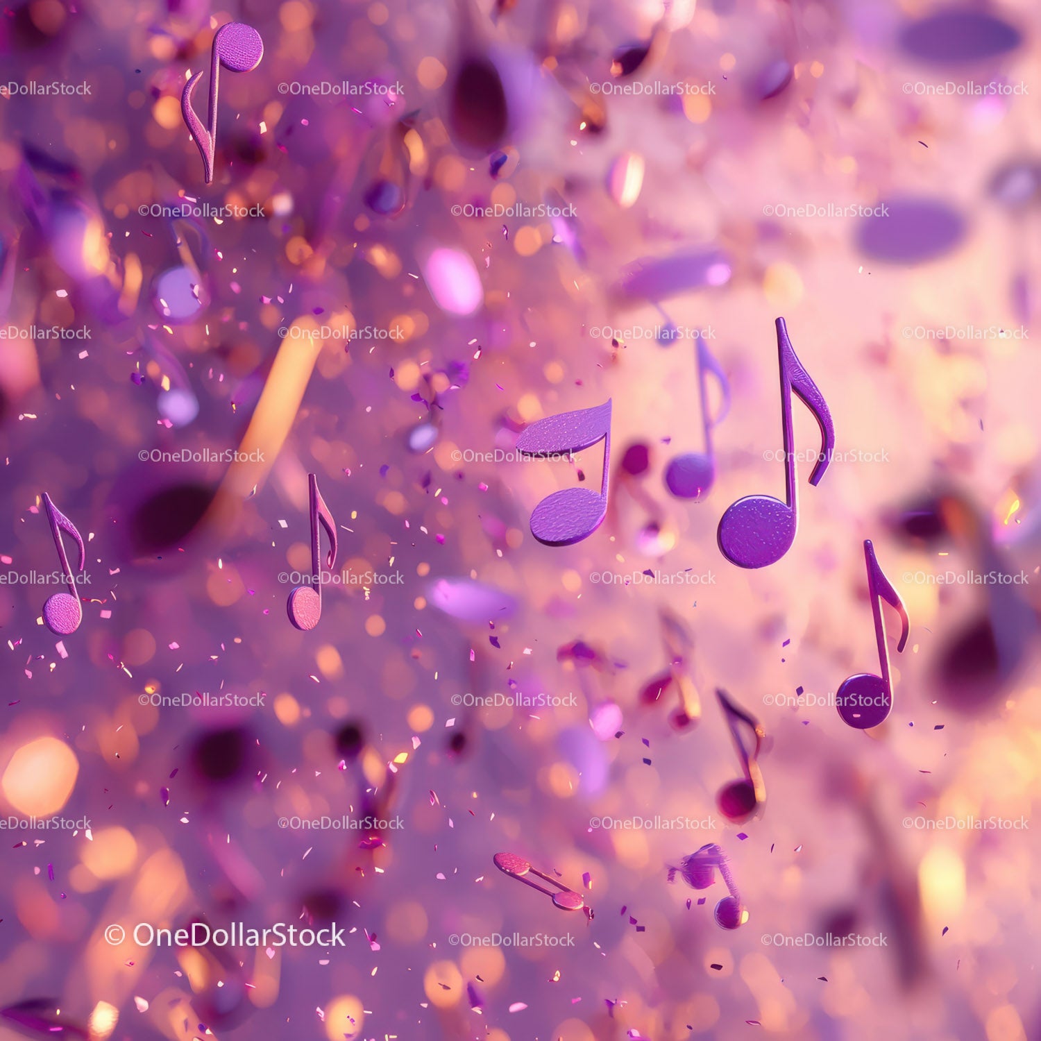Purple Musical Notes with Confetti in a Vibrant Celebratory Scene