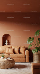 Modern Living Room with Cozy Beige Sofa and Lush Indoor Plant
