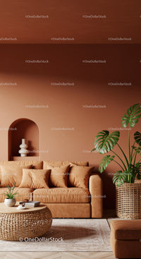 Modern Living Room with Cozy Beige Sofa and Lush Indoor Plant