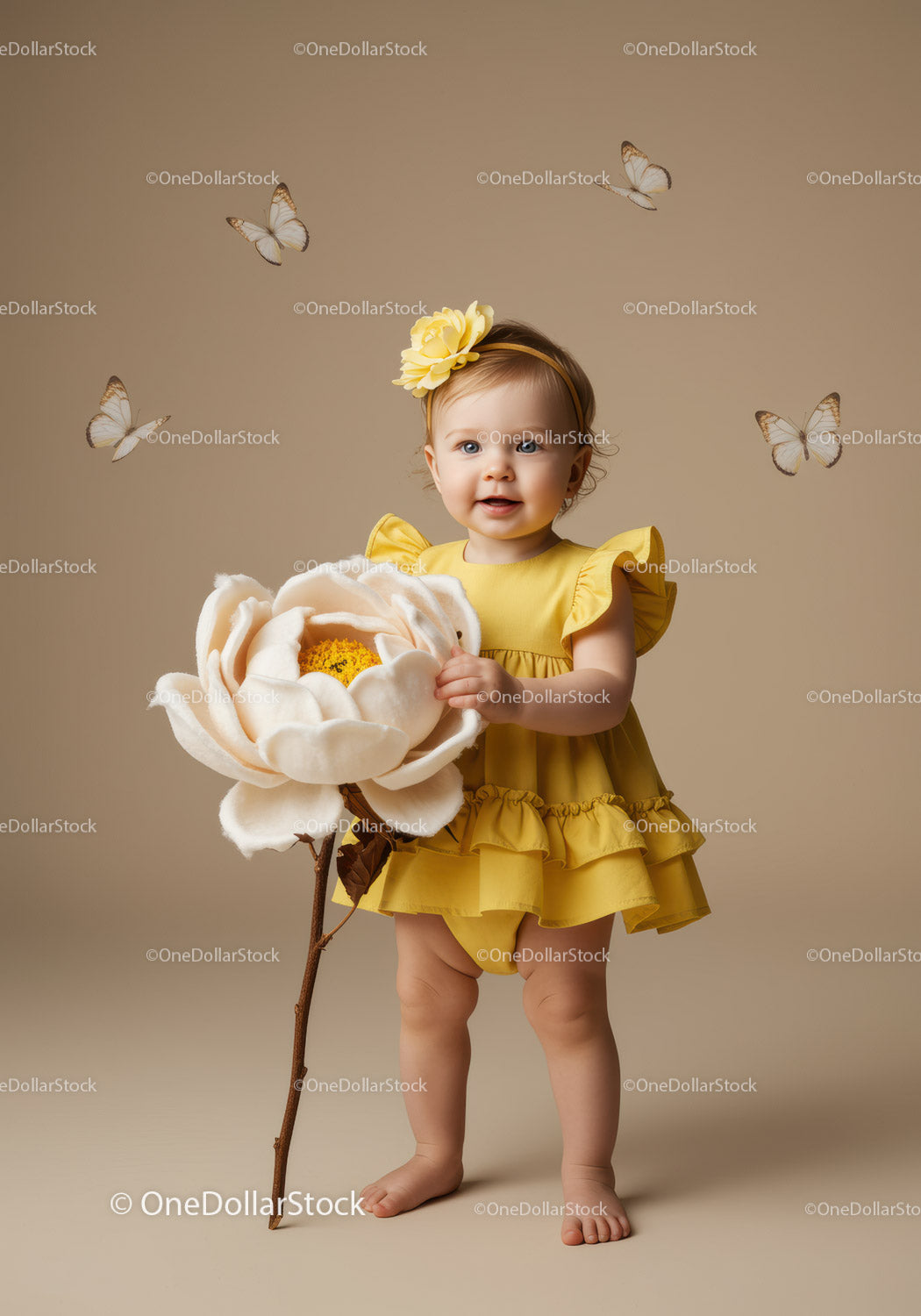 Toddler in Yellow Dress Holding Giant Flower with Butterflies