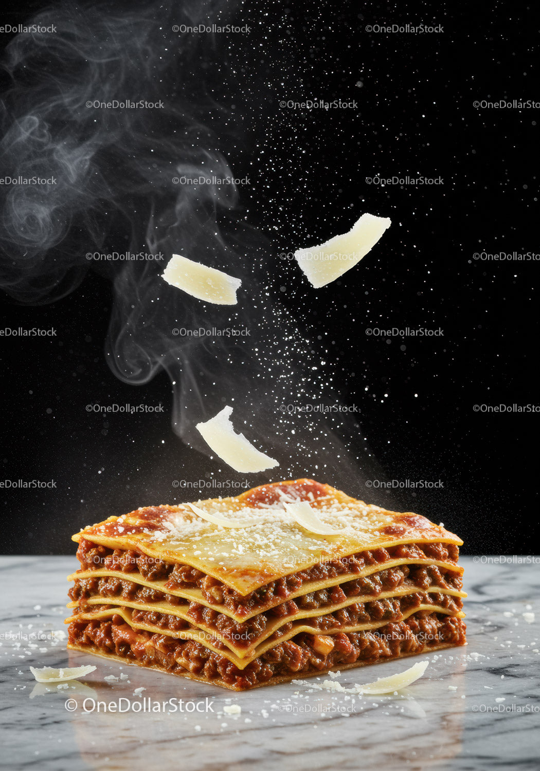 Freshly baked lasagna with falling cheese slices