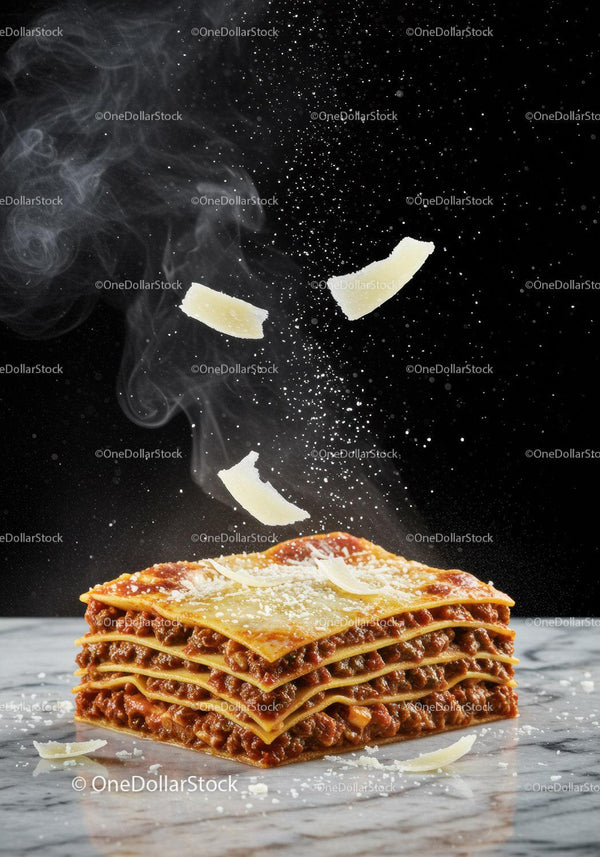 Freshly baked lasagna with falling cheese slices