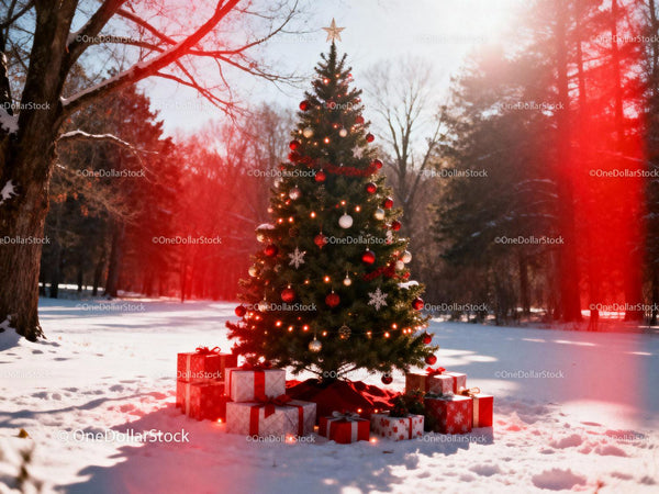 Decorated Christmas tree with gifts in snowy forest