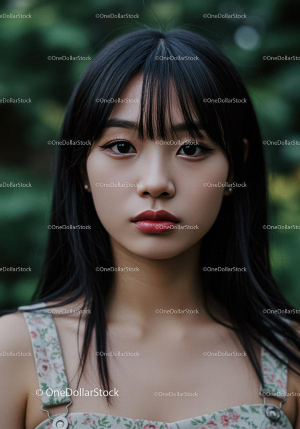 Portrait of a Young Woman with Black Hair and Natural Makeup