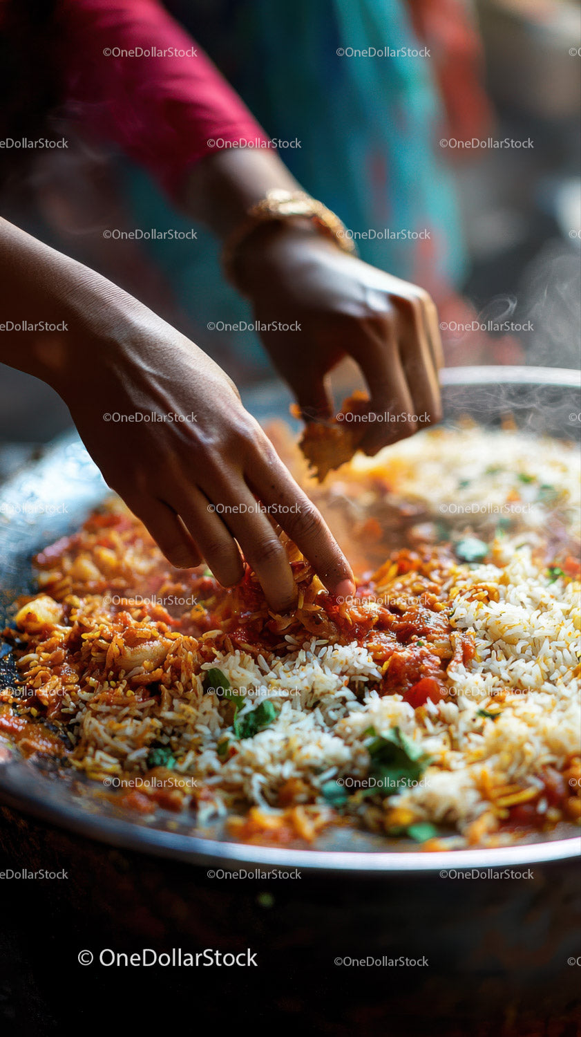 Hands Preparing Spicy Vegetable Rice Stir-Fry in Wok