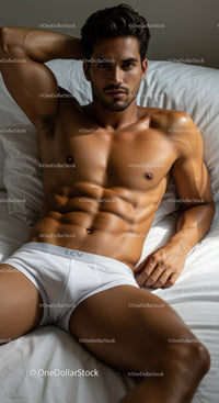 Fit young man relaxing confidently on white bed