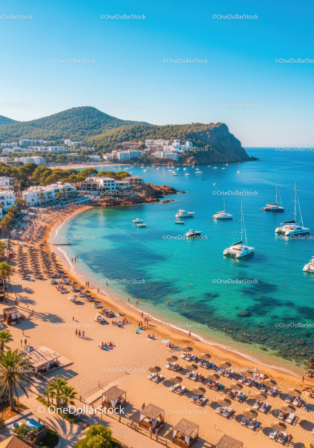 Beautiful Mediterranean Beach with Boating and Resort Scenery