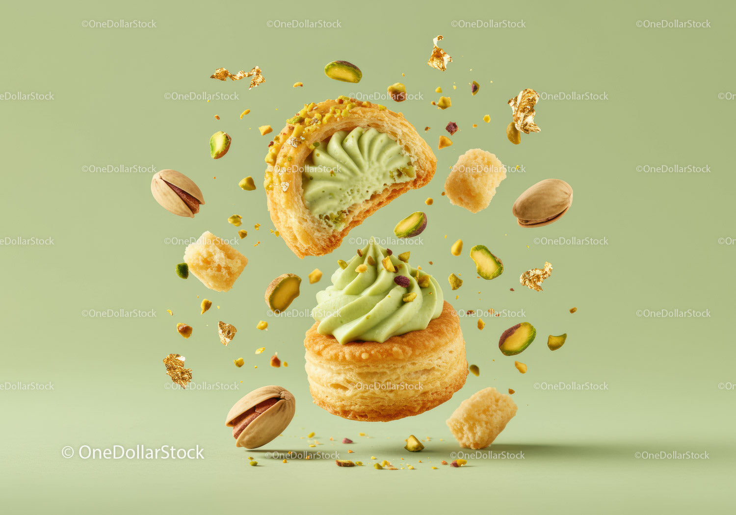Delicate pistachio cream pastry with crunchy toppings