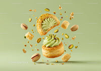 Delicate pistachio cream pastry with crunchy toppings