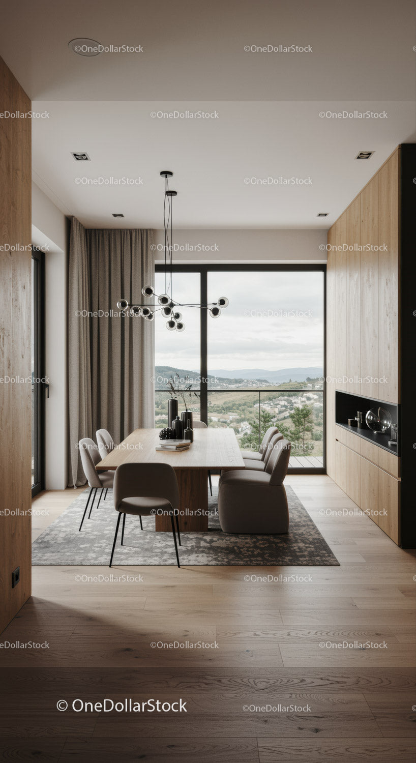Minimalist dining area with panoramic nature view