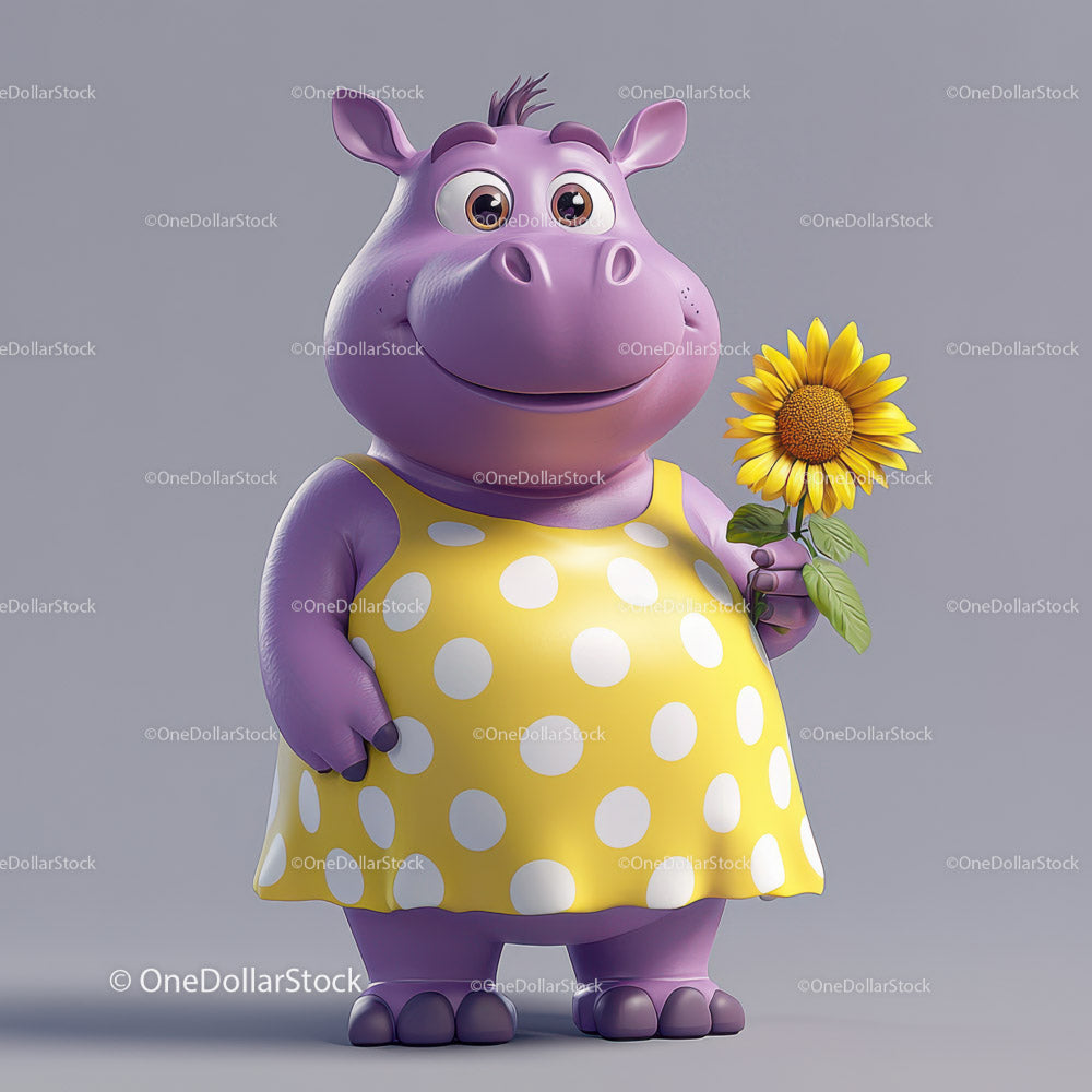 Cute Cartoon Hippo Holding Sunflower in Yellow Dress for Kids Illustration