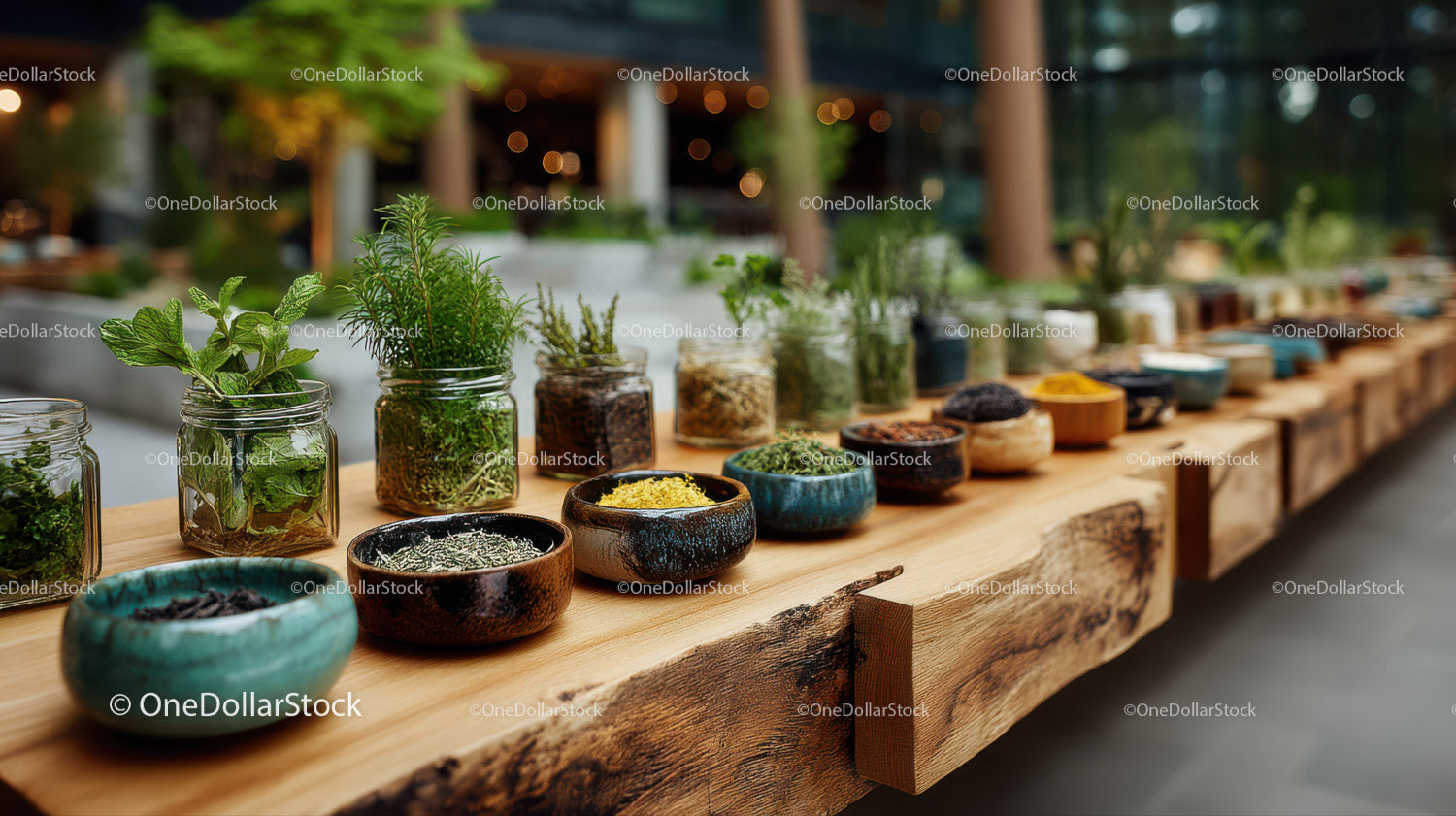 Herb Collection with Glass Jars and Ceramic Bowls on Wooden Table