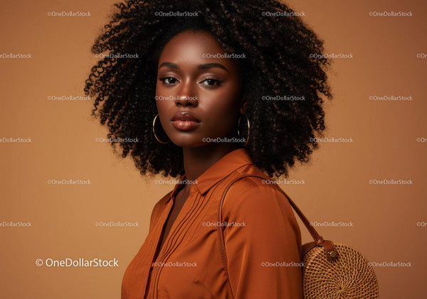 Elegant African American Woman in Orange Dress with Curly Hair