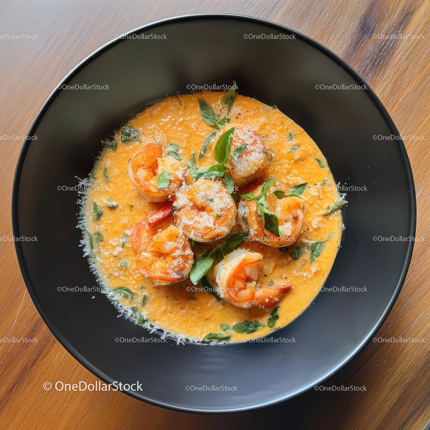 Gourmet Shrimp in Creamy Basil Sauce Served in Black Bowl