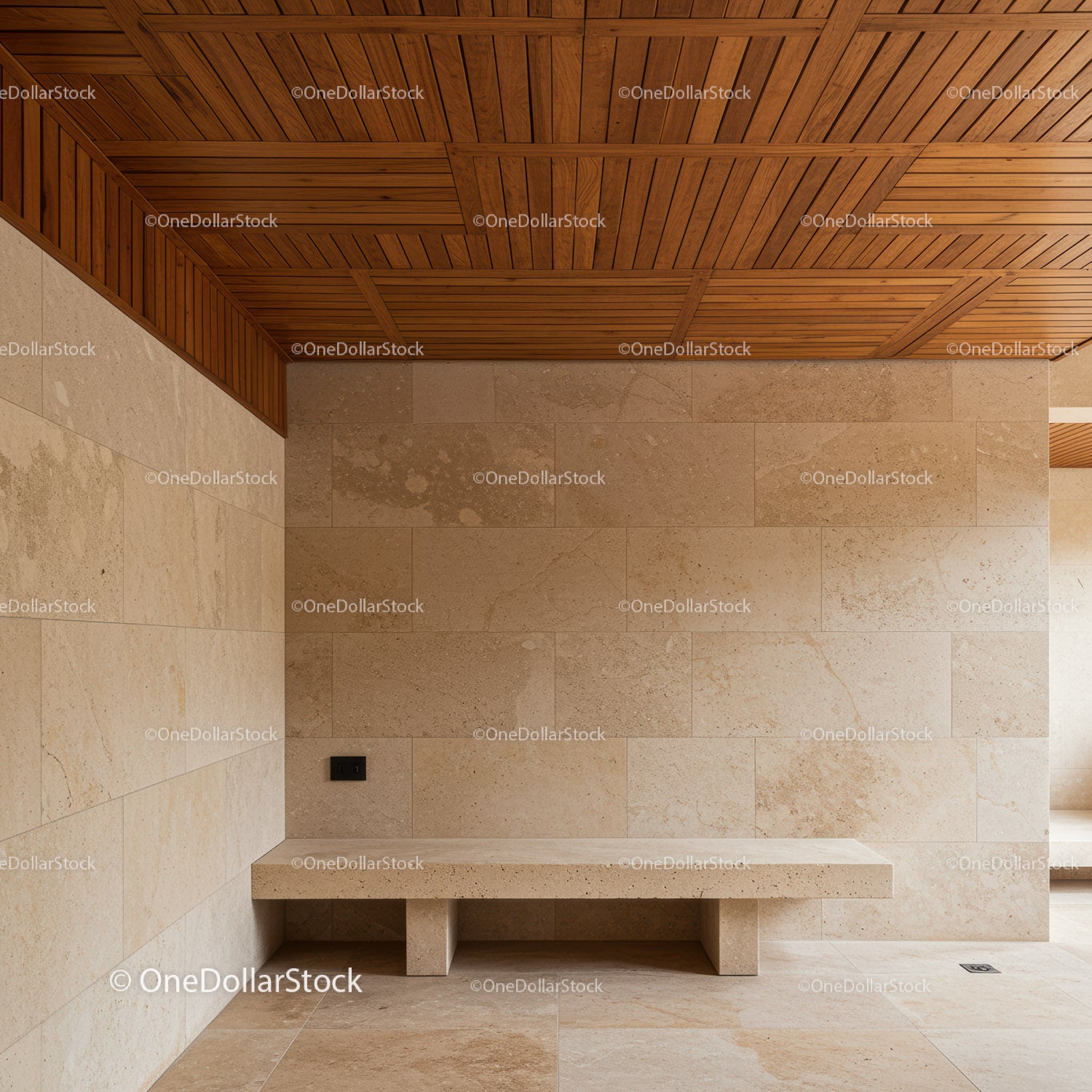 Modern Interior with Beige Stone Walls and Wooden Ceiling