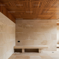 Modern Interior with Beige Stone Walls and Wooden Ceiling