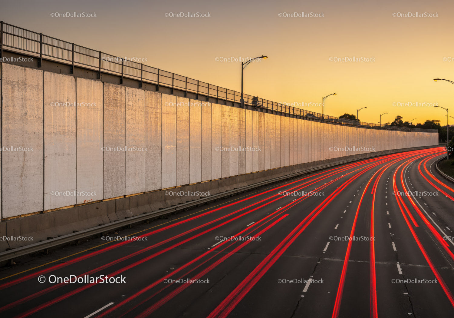 Urban Highway with Light Trails at Sunset